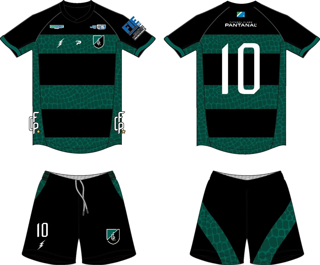 Desenho técnico do uniforme modelo escuro: camisa, costas e calção