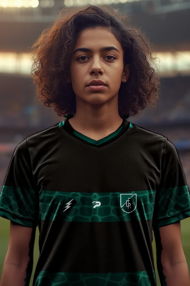 Torcedora vestindo o uniforme modelo escuro do Pantanal no estádio